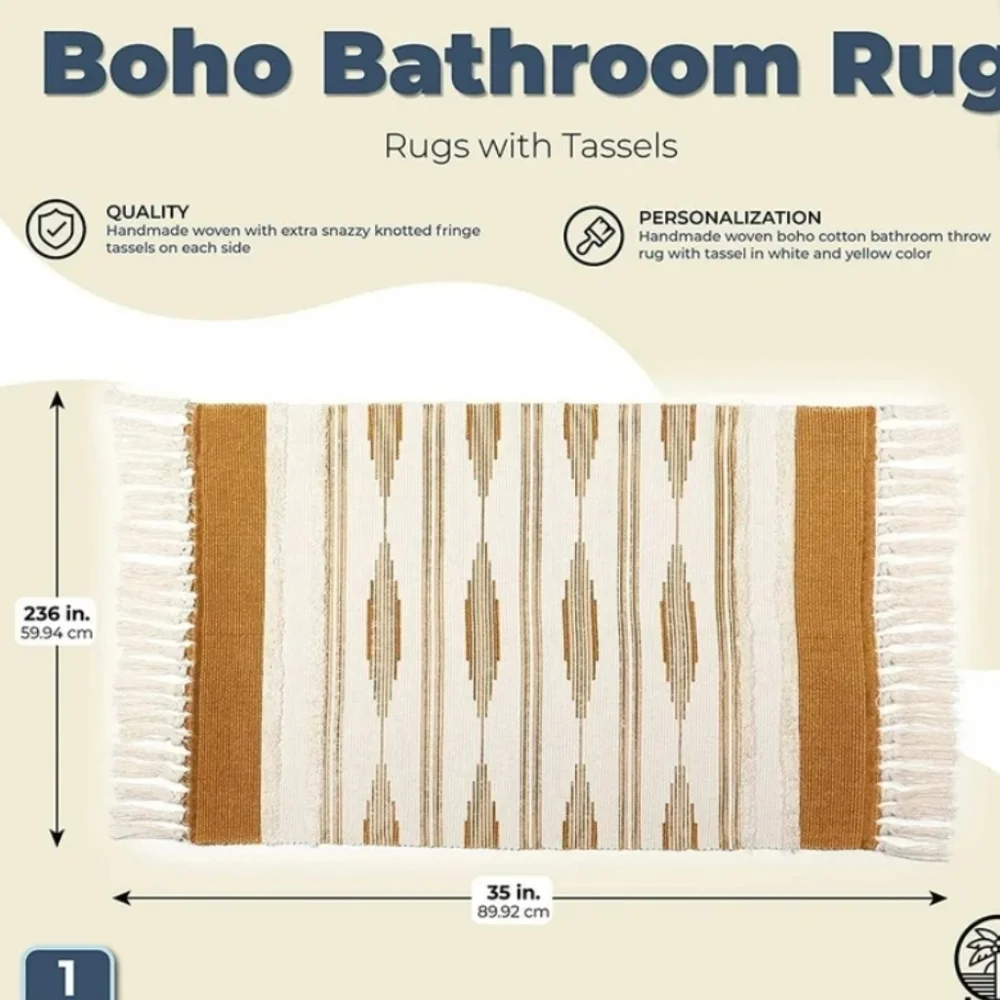 NWT 2'x3' Boho Fringe Cotton Bath Rug In Cream/Amber